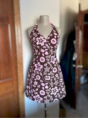 Vintage Pink/Brown Reversible Hibiscus Print Tie Halter Vacation Dress